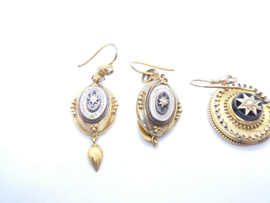 Pair of Victorian drop earrings, 18ct yellow gold with oval enamel panel one set with a seed pearl, - Image 3 of 4