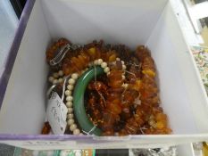 Box vintage costume jewellery to include amber beads, silver and amber jewellery, Jade bangle, etc