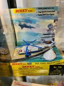 A vintage boxed Dinky 724 Sea King Helicopter, a Dinky 725 Phantom and Dinky 370 Dragster