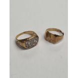 9ct yellow gold gent's panel ring set with clear stones, marked 375 size P and a 9ct gold signet rin