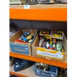 Two boxes of vintage diecast vehicles, mainly play worn including Dinky, Corgi and Matchbox