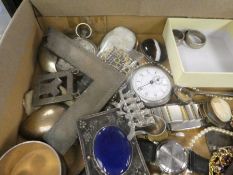 Tray of antique and later costume and other jewellery including gold plated pocket watch, Masonic it
