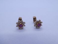 Pair 9ct gold ruby and diamond cluster earrings, marked 375, 7mm diameter, approx 1.3g