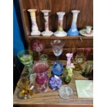 A sundry lot to include a pair of engraved decanters, decorative candlesticks, etc