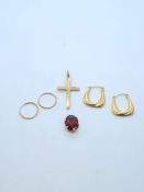 Pair of 9ct gold earrings, 9ct gold cross pendant, small pair of 9ct gold hoops and 9ct gold mounted