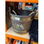An oak brass bound bucket having military crest, a floral embroidered shawl and a butterfly tray