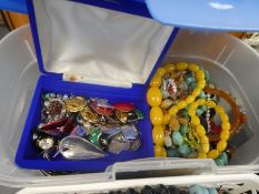 Box containing mostly bead necklaces including amber style, turquoise hardstone examples etc, and a