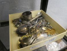 Tray of mixed costume and other items including silver chain, silver ring, brooches, silver plated c