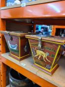 Two similar painted lidded boxes decorated birds and monkeys