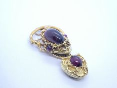 Victorian yellow metal snake and heart mourning pendant brooch set with large oval cabouchon garnets