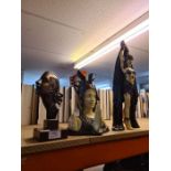 An Art Deco metal portrait bust and two other 1930s style sculptures