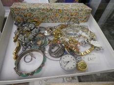 Tray of vintage costume jewellery to include Indian green hardstone bangle, Wertex pocket watch Indi