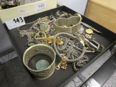 Tray of various white metal and silver chains, vintage watches, silver bracelet, etc