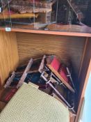 A selection of 60s/70s furniture including display cabinet, bookcase and Lloyd Loom Ottoman and a cl