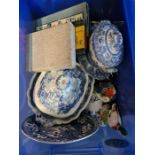 A box of sundry including a 19th Century, blue and white plate decorated a figure and camel with pyr