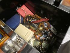 Box of vintage and modern costume jewellery to include necklaces, watches, amber necklace, Rosary be