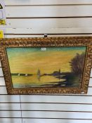 A modern copy of a Claude Monet painting of 3 boats on water in antique gilt frame
