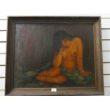 A mid 20th century oil of semi nude lady with blanket