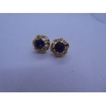 Pair of 18ct yellow gold floral design earrings each set round cut amethyst, both butterfly backs pr