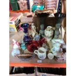 A mixed lot including Cranberry glass, Japanese vase and an Eastern marble cow