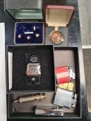 Tray collectables to include lighters, rolled gold dress studs, whistle, and boxed as new Identity W