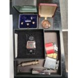 Tray collectables to include lighters, rolled gold dress studs, whistle, and boxed as new Identity W