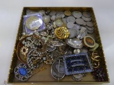 Tray of vintage costume jewellery and coinage, silver spoon, GB and World coinage, bracelet