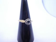 18ct yellow gold sapphire and diamond cluster ring, size M, London marked 18, maker GY, approx 3.3g