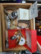 Box containing watches, Rotary pocket watch, cufflinks, brooches, etc. A vintage Pierce Stainless wr