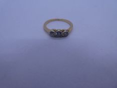 18ct yellow gold diamond trilogy ring, rubover setting, size J, 1.7g approx, possibly 18ct, marks wo