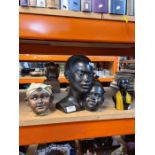 A plaster bust of Mother & Child stamped R. Scali and two other items