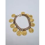 9ct yellow gold curb link bracelet hung with 12 charms depicting the 12 signs of the zodiac, each ch