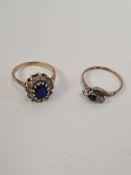 9ct yellow gold cluster ring, paste set and a sapphire and clear stone 9ct example, both marked, siz