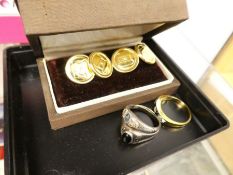 Pair of cufflinks marked 'Chanel' possibly and 2 silver rings, etc