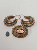 Pair of gold plated Creole earrings inset with turquoise, turquoise pendant and an oval gold plated