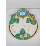 19th Century Minton majolica strawberry plate, lozenge registration mark and Minton stamp verso, num