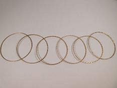 6 9ct yellow gold bangles, 3 of 2 designs, all marked 375, 6.5cm diameter, approx 15.3g in antique p