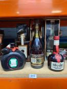 Two bottles of Remy Martin Cognac, a bottle of Martell Cognac and others