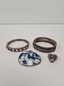 Silver and amethyst ring, silver and amethyst bracelet AF, silver bangle and silver framed Chinese b