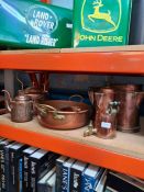 An old copper, water can, a two handled preserving can and other copper ware