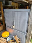A pair of lockable, grey metal cabinets, with keys