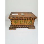 Folk art hand painted German wooden box with applied 4th Regiment of the Royal Horse Artillery insig