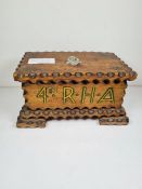 Folk art hand painted German wooden box with applied 4th Regiment of the Royal Horse Artillery insig