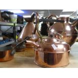 A copper coal scuttle, a large copper jug and other metalware