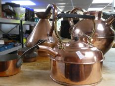 A copper coal scuttle, a large copper jug and other metalware
