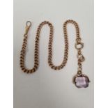 Antique 15ct rose gold watch chain hung with amethyst pendant spinning seal, marked 15ct, 41cm, appr