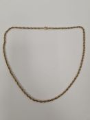 9ct yellow gold ropetwist necklace marked 375, 46cm, approx 9.6g