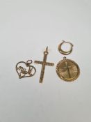 Three 9ct gold pendants, all marked 375, to include a Cross, etc, approx 4.21g