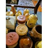 A quantity of decorative honey pots and a box of sundry