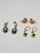 9ct drop earrings set with paste clusters, marked 375, Coral example and a pair of rolled gold examp